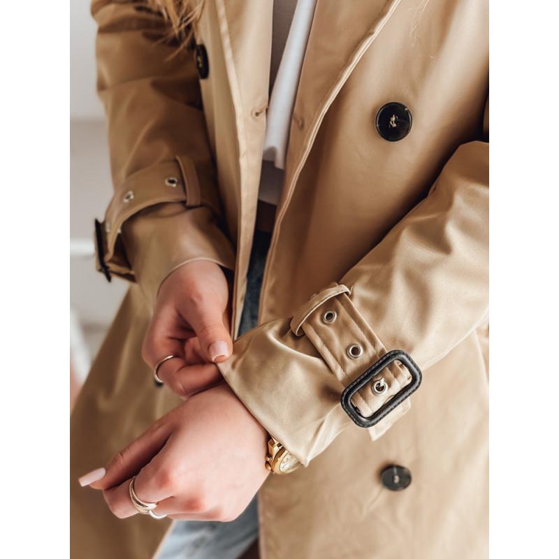 Dámský dlouhý kabát s páskem SLIMFOTA kamelový