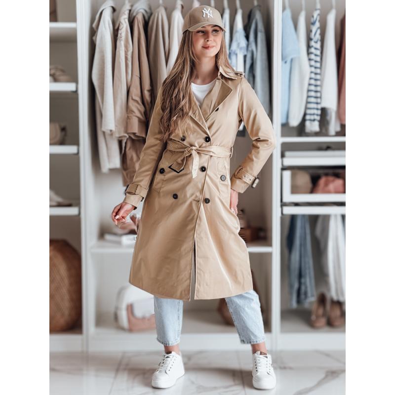 Dámský dlouhý kabát s páskem SLIMFOTA kamelový