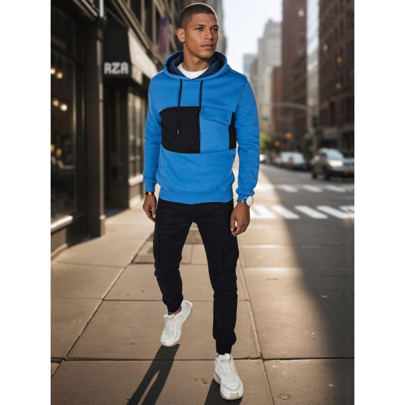 Férfi pulóver, kapucnis, kék