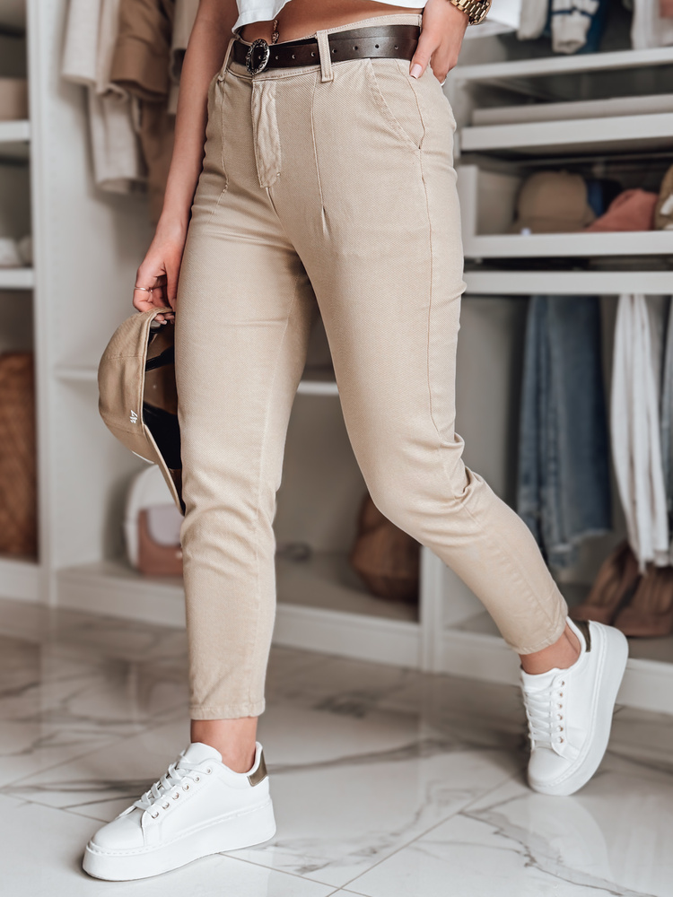 Dámske nohavice slim fit s opaskom TAIRONIK tmavobežové