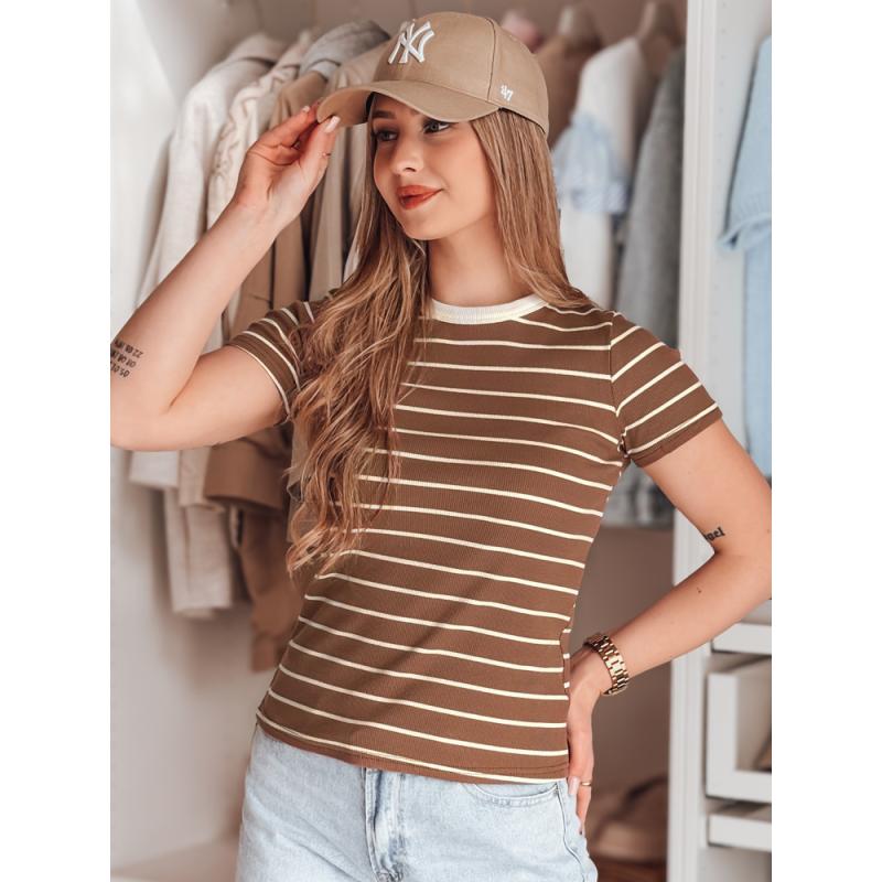 Dámské pruhované základní tričko LINESS hnědé