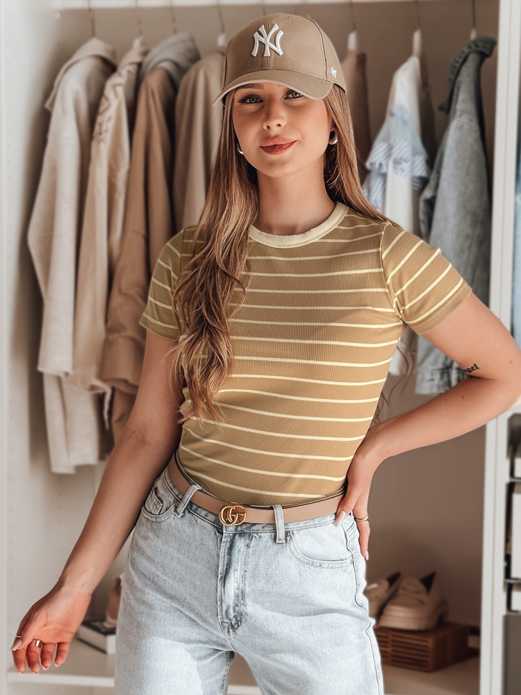 Dámske pruhované základné tričko LINESS camel