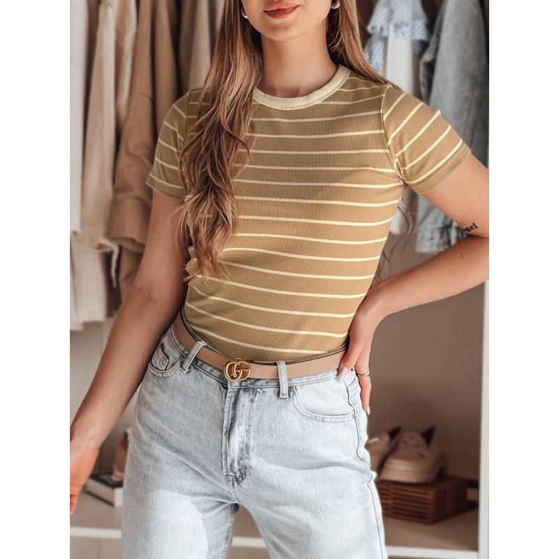Dámské pruhované basic tričko LINESS camel