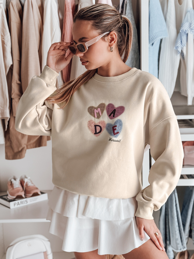Dámska oversize mikina s motívom sŕdc, béžová