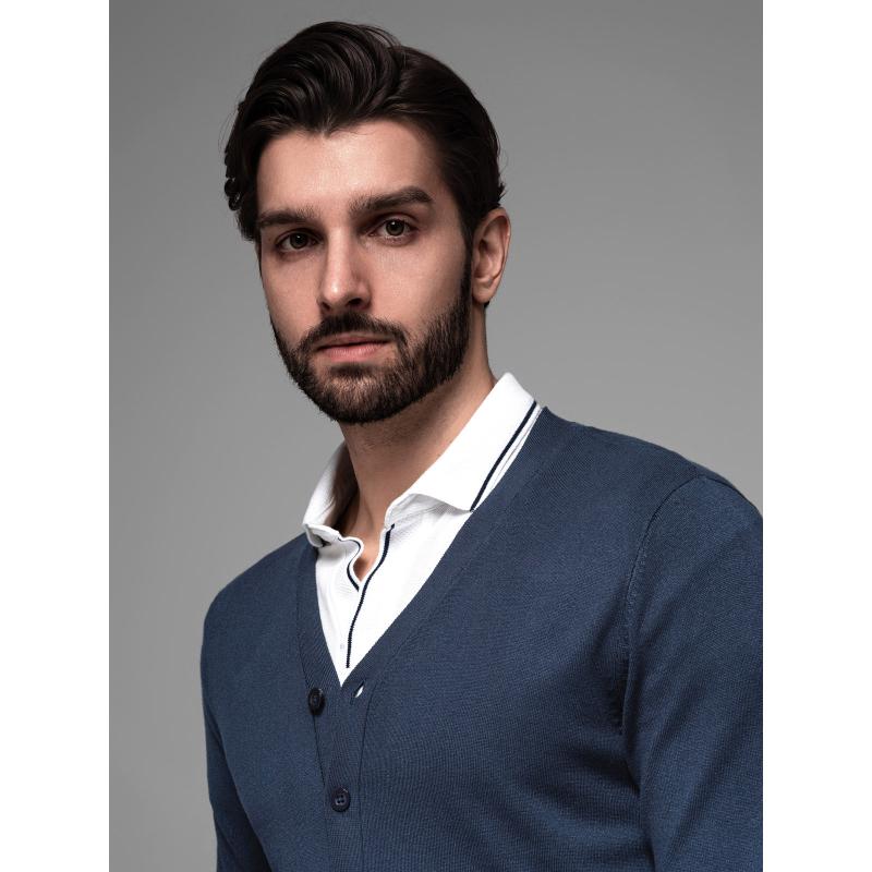 Férfi kötött pulóver strukturált pöttyökkel - tengerészkék V1 OM-SWSW-0118