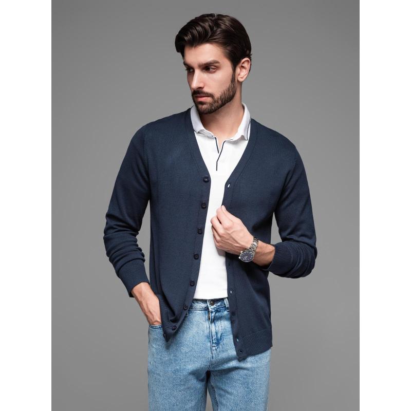 Férfi kötött pulóver strukturált pöttyökkel - tengerészkék V1 OM-SWSW-0118