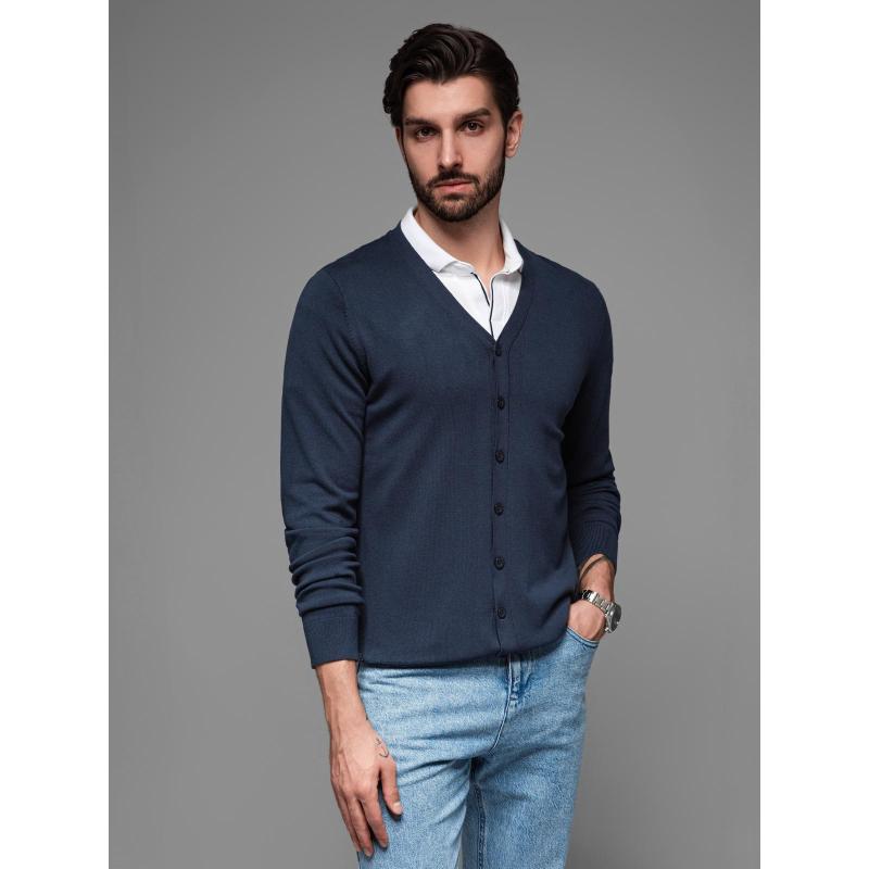 Férfi kötött pulóver strukturált pöttyökkel - tengerészkék V1 OM-SWSW-0118