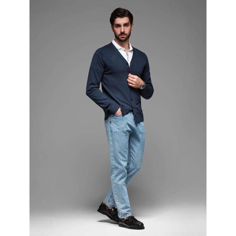 Férfi kötött pulóver strukturált pöttyökkel - tengerészkék V1 OM-SWSW-0118