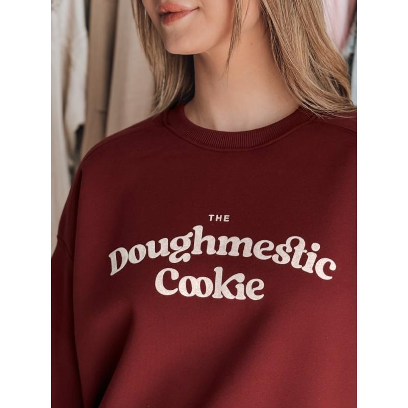 Női oversize pulóver COOKIES nyomtatással, bordó