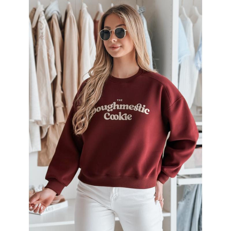 Női oversize pulóver COOKIES nyomtatással, bordó