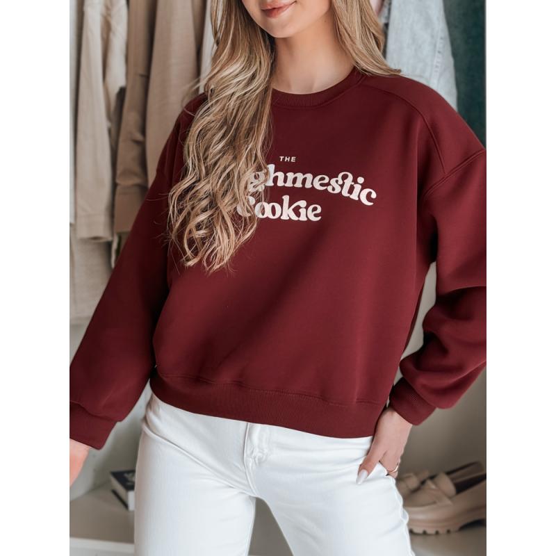 Női oversize pulóver COOKIES nyomtatással, bordó