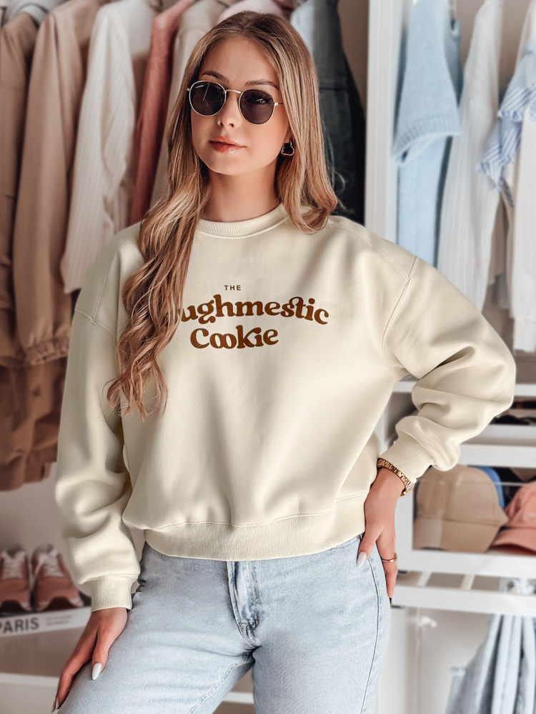 Női oversize pulóver COOKIES nyomtatással, világos bézs