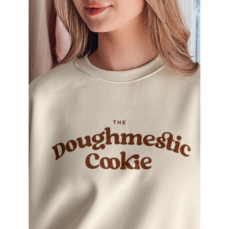 Női oversize pulóver COOKIES nyomtatással, világos bézs