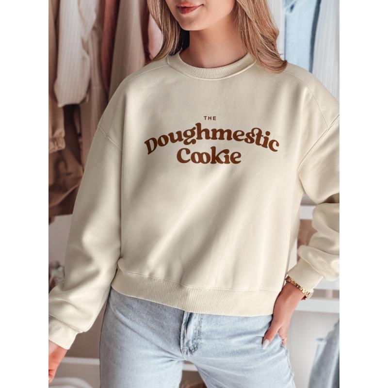 Női oversize pulóver COOKIES nyomtatással, világos bézs