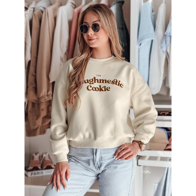 Női oversize pulóver COOKIES nyomtatással, világos bézs