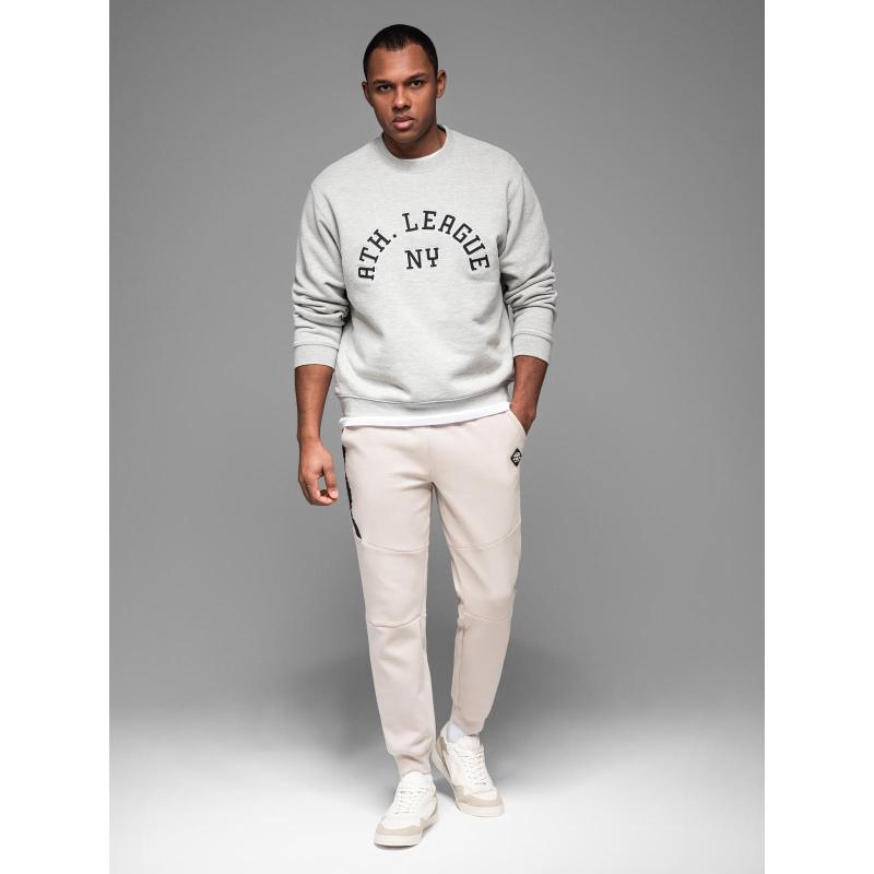 Pánské tepláky s žebrovanými manžetami a ozdobným zipem - pískové V6 OM-PASK-0226