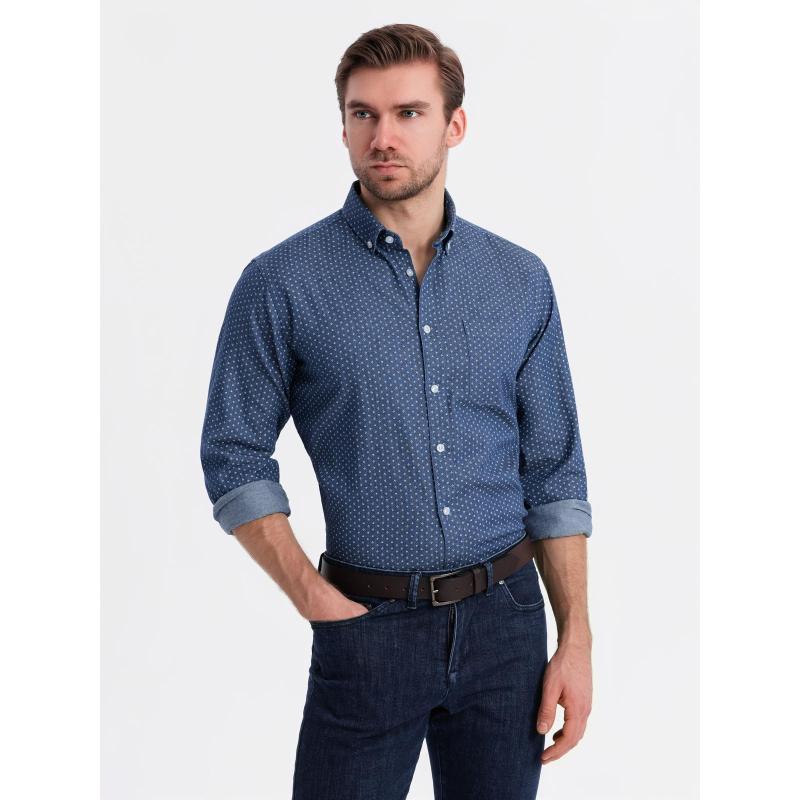 Pánska tenká džínsová košeľa s vreckom a vzorom - modrá V2 OM-SHDS-0179