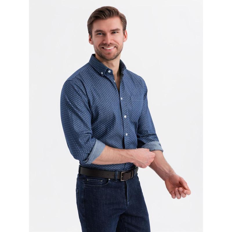 Pánska tenká džínsová košeľa s vreckom a vzorom - modrá V2 OM-SHDS-0179