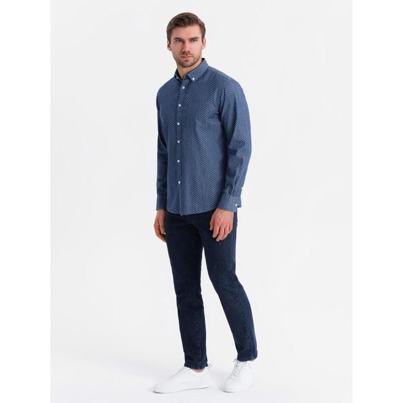 Pánska tenká džínsová košeľa s vreckom a vzorom - modrá V2 OM-SHDS-0179