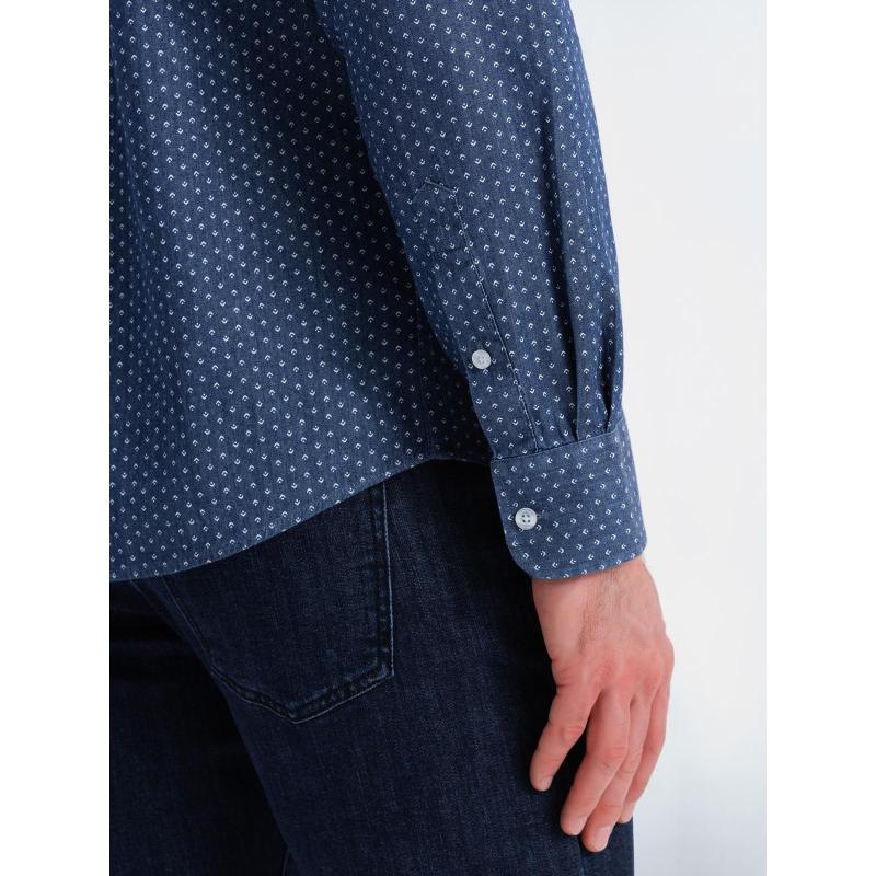 Pánska tenká džínsová košeľa s vreckom a vzorom - modrá V2 OM-SHDS-0179