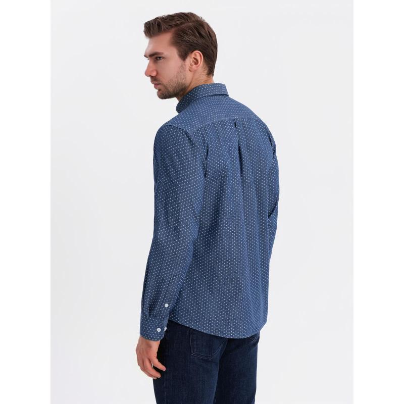 Pánska tenká džínsová košeľa s vreckom a vzorom - modrá V2 OM-SHDS-0179