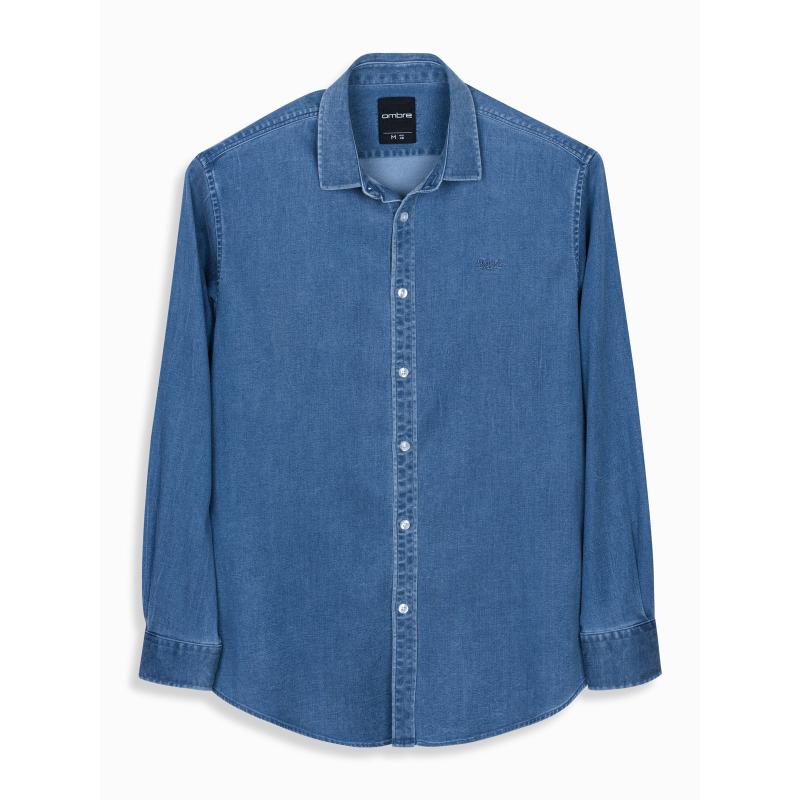 Pánská džínová košile s lyocellem a výšivkou na hrudi – modrá V2 OM-SHDS-0180