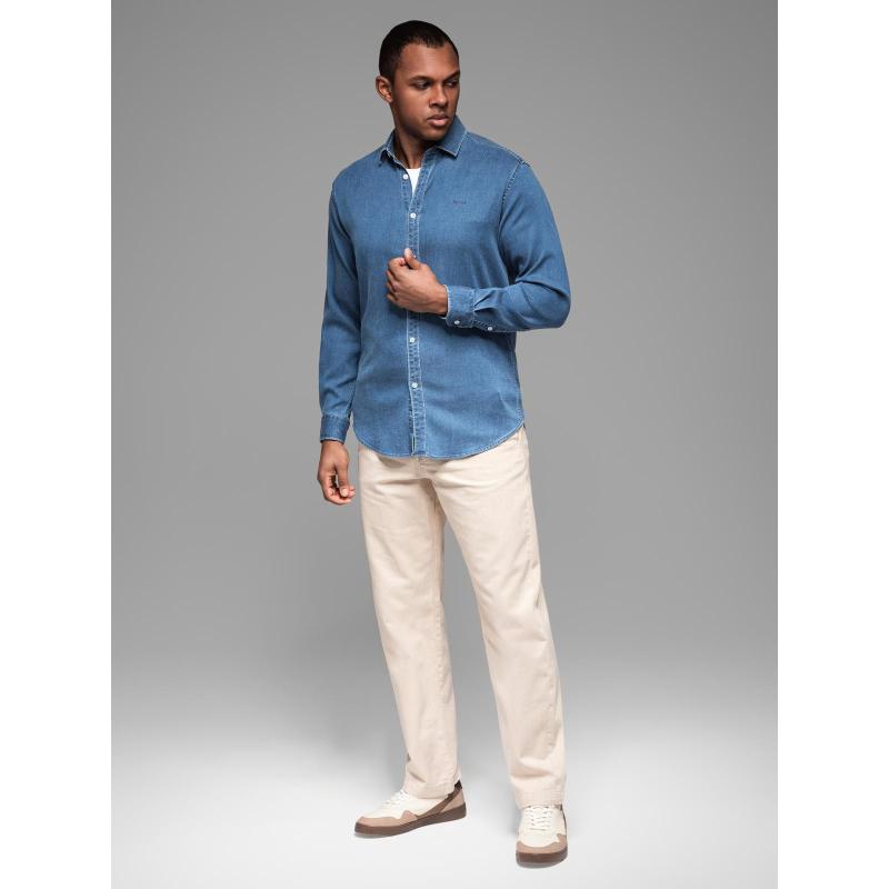 Pánská džínová košile s lyocellem a výšivkou na hrudi – modrá V2 OM-SHDS-0180