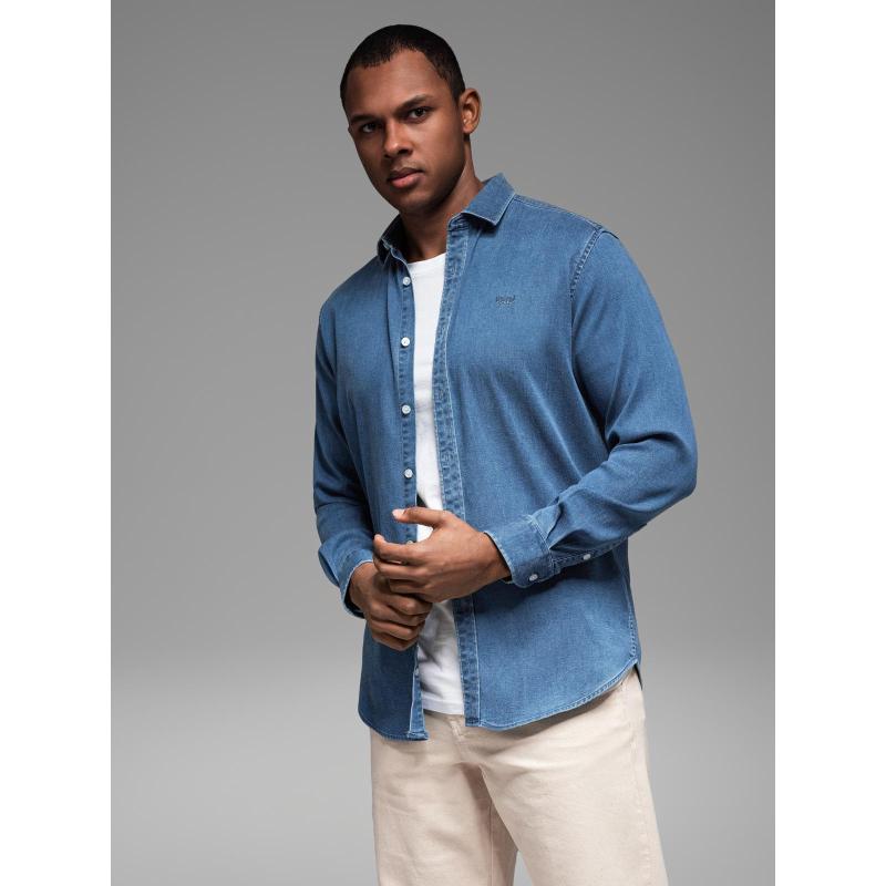 Pánská džínová košile s lyocellem a výšivkou na hrudi – modrá V2 OM-SHDS-0180
