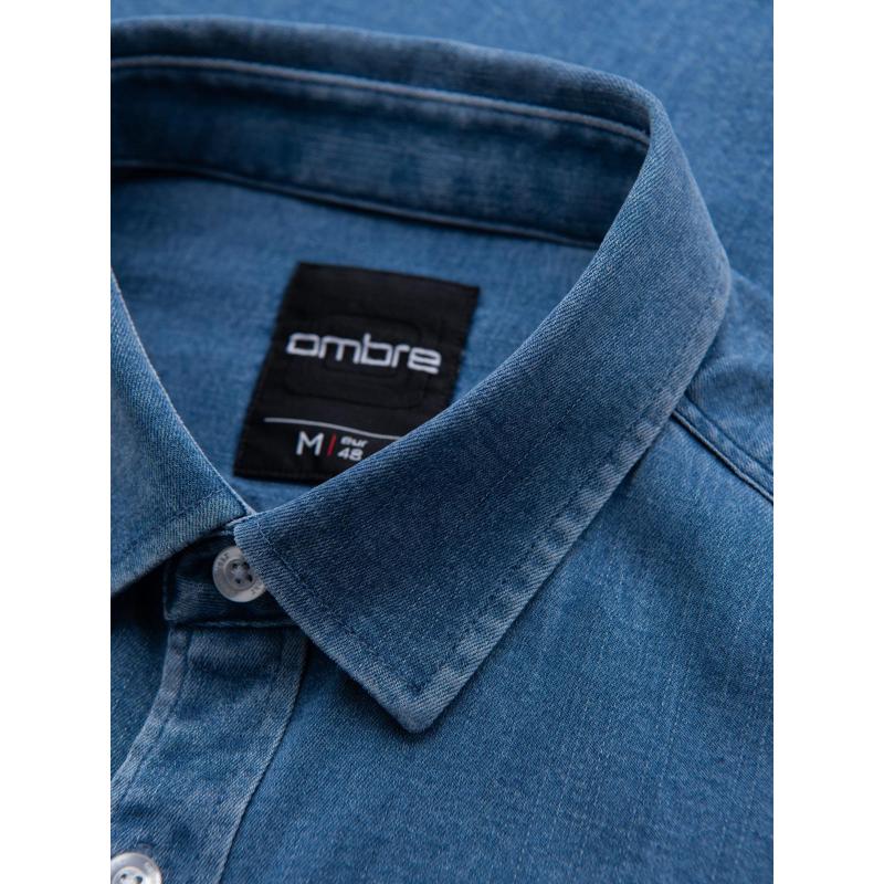 Pánská džínová košile s lyocellem a výšivkou na hrudi – modrá V2 OM-SHDS-0180