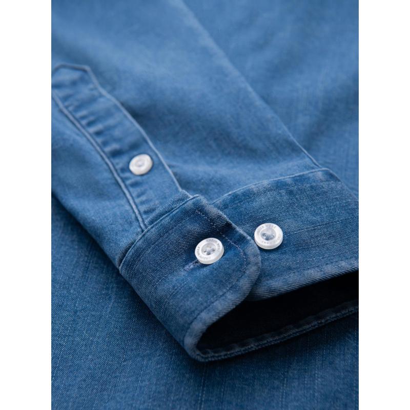 Pánská džínová košile s lyocellem a výšivkou na hrudi – modrá V2 OM-SHDS-0180