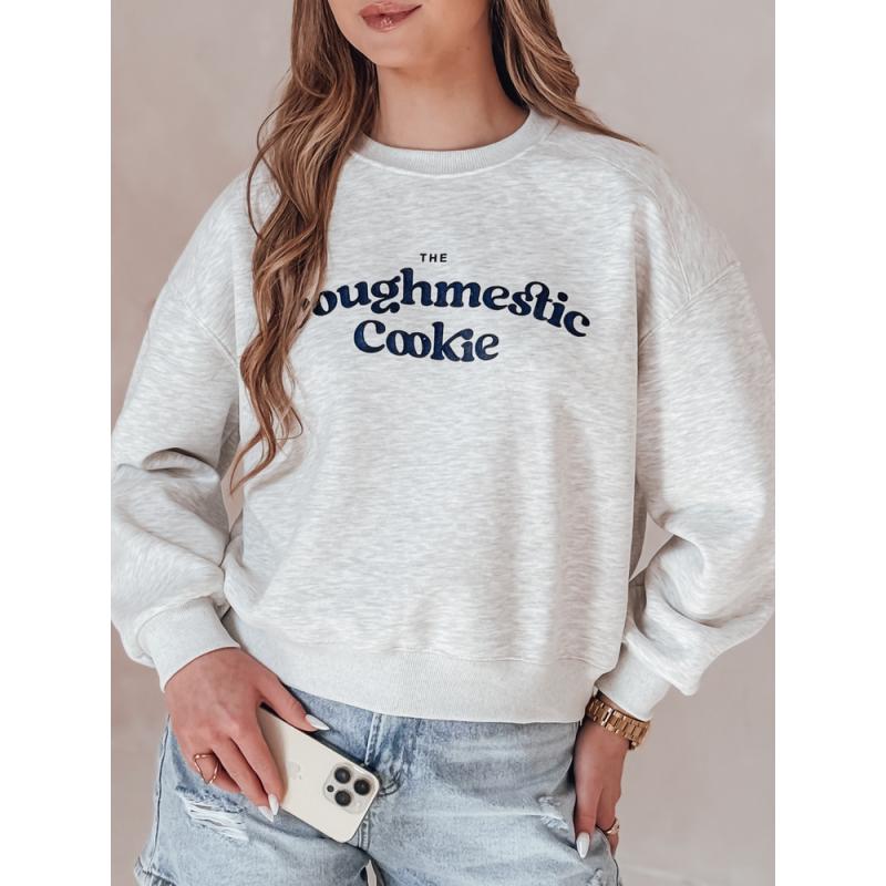 Női oversize pulóver COOKIES nyomtatással, világosszürke