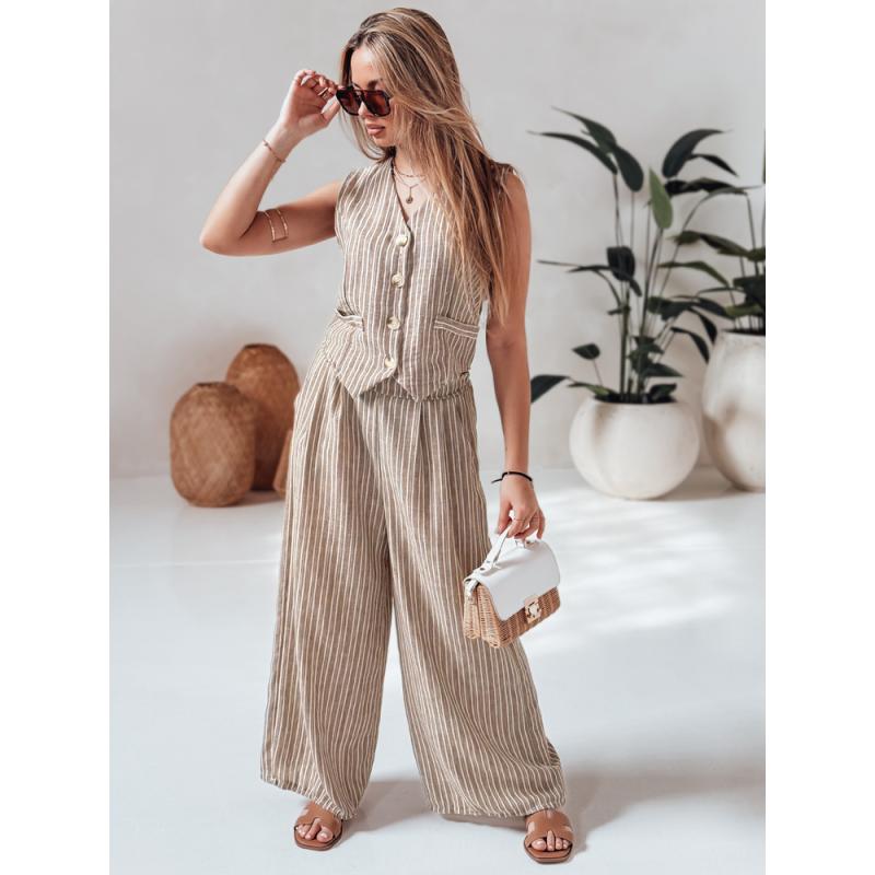 Pruhované dámské kalhoty MODERESS s širokými nohavicemi hnědé