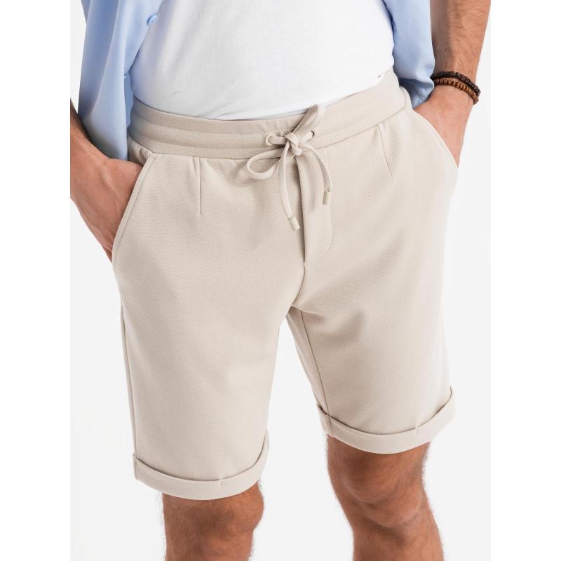 Pánské pletené šortky s ohrnutými nohavicemi - pískové V3 OM-SRCS-0170