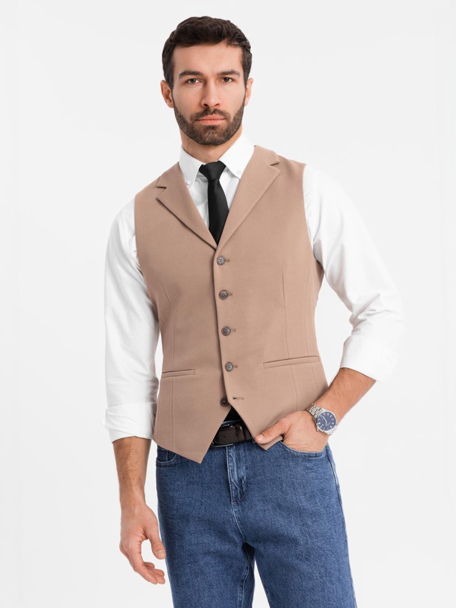 Pánská slim fit strukturovaná vesta s klopami, hnědá