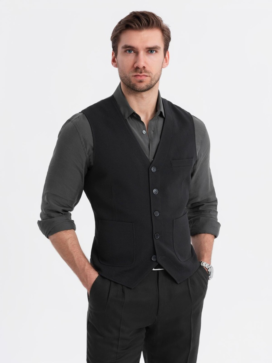 Pánská slim fit strukturovaná vesta s našitými kapsami, černá