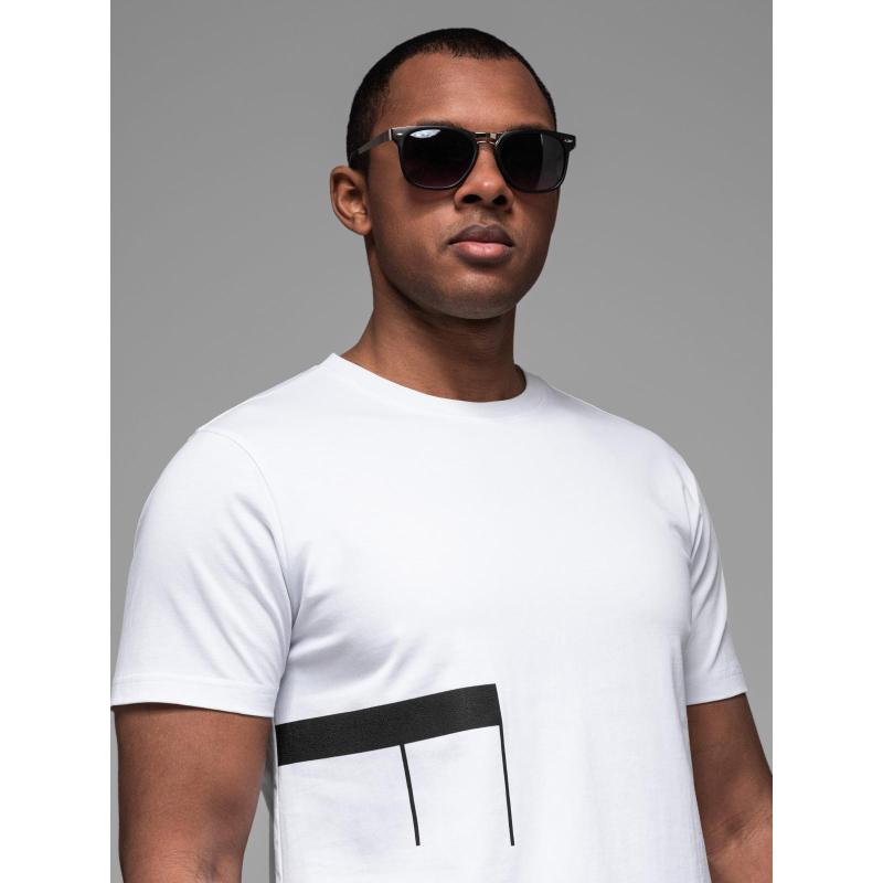 Pánske bavlnené tričko z džerseju s veľkým nápisom na boku - biele V2 OM-TSPT-0213