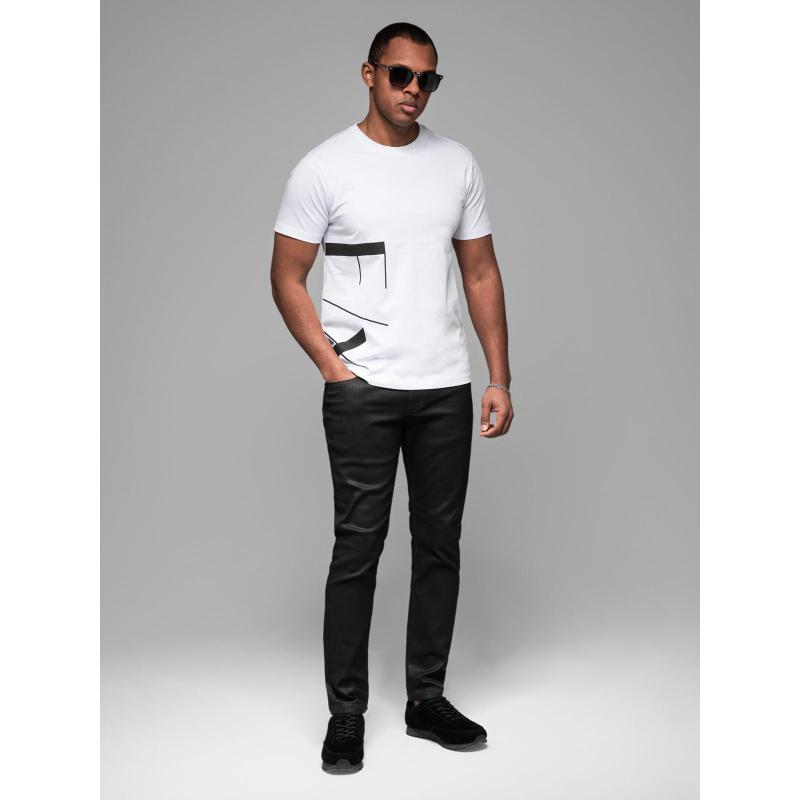 Pánske bavlnené tričko z džerseju s veľkým nápisom na boku - biele V2 OM-TSPT-0213