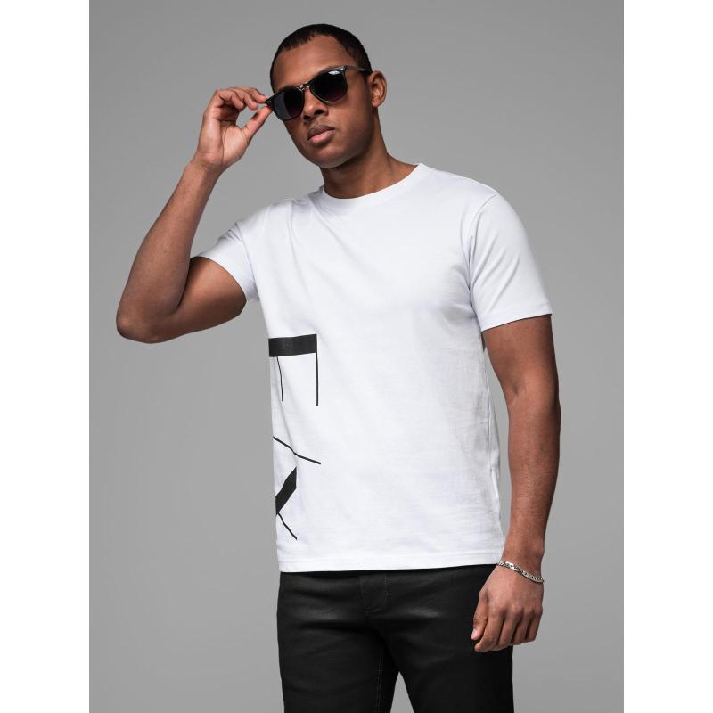 Pánske bavlnené tričko z džerseju s veľkým nápisom na boku - biele V2 OM-TSPT-0213
