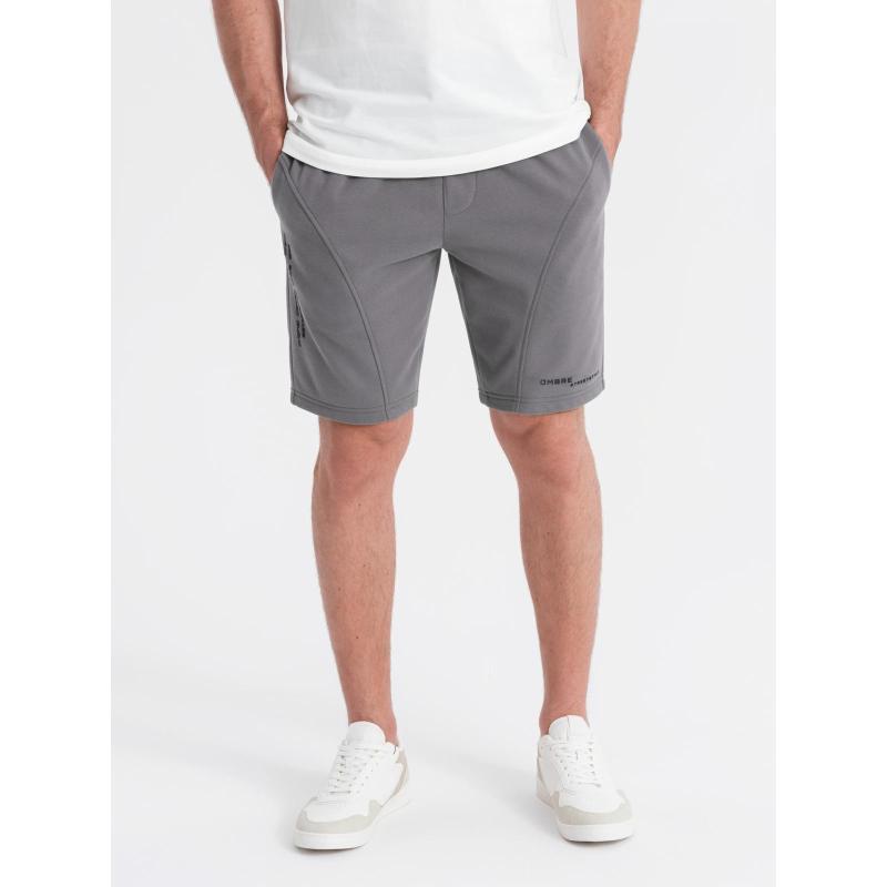 Pánske priliehavé krátke tepláky s potlačou - sivá V3 OM-SRSK-0138