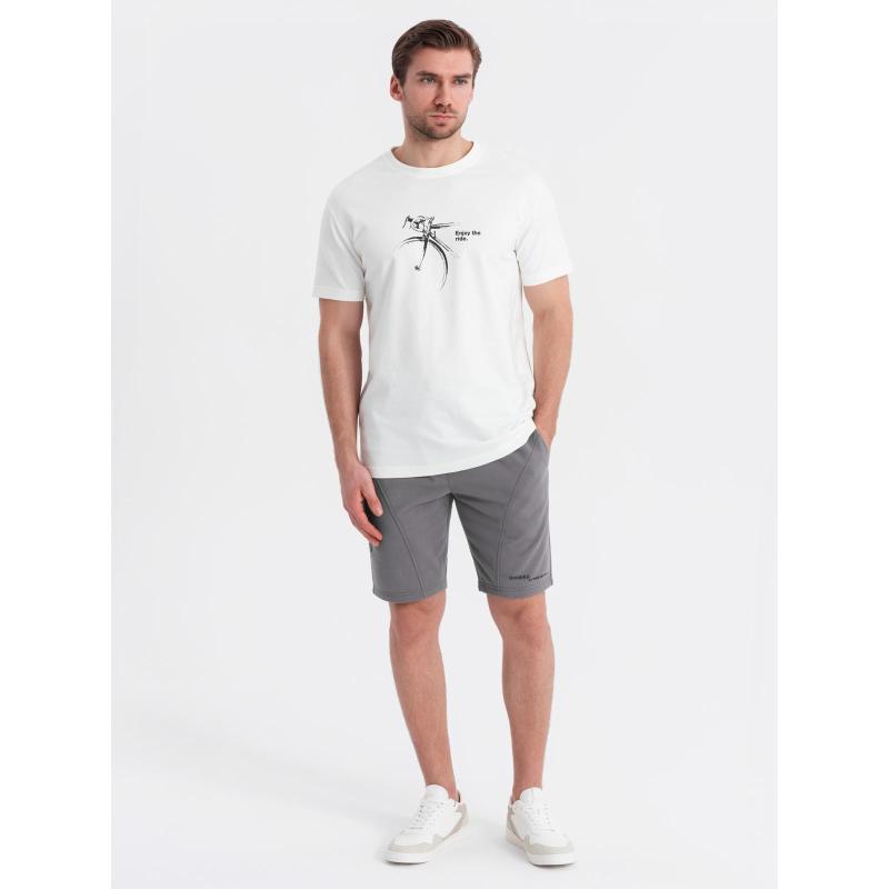 Pánske priliehavé krátke tepláky s potlačou - sivá V3 OM-SRSK-0138