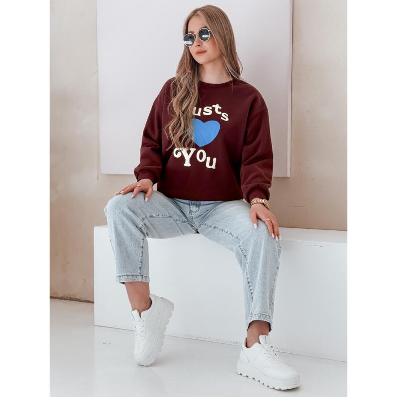 Női oversize pulóver FEELME nyomtatással bordó