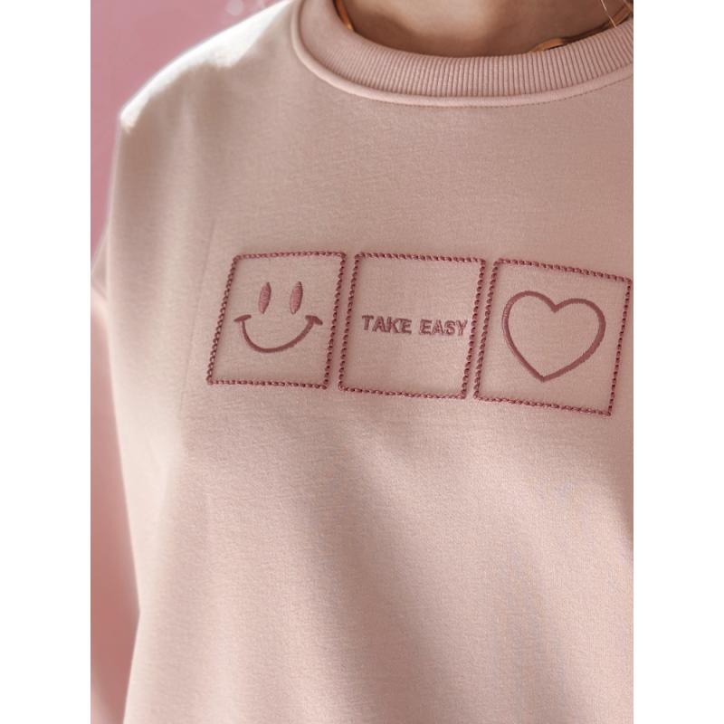 Női oversize pulóver EASYJOY hímzéssel, rózsaszín