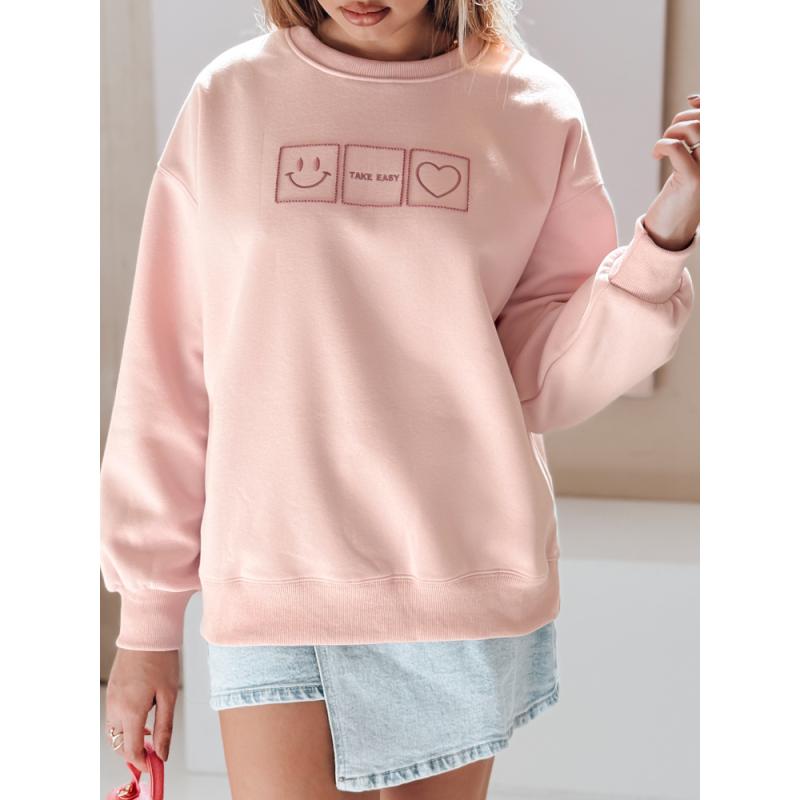 Női oversize pulóver EASYJOY hímzéssel, rózsaszín