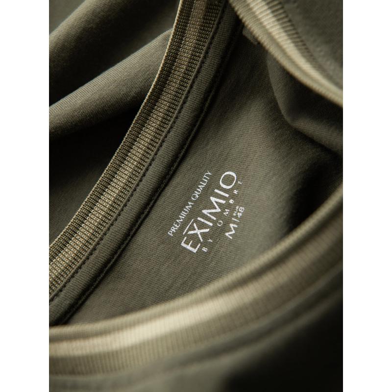 Pánske bavlnené tričko s dlhým rukávom, výstrihom do U, pruhmi a výšivkou - olivové V1 OM-LSCL-0128