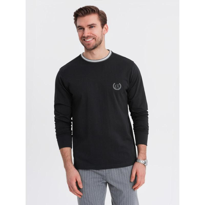 Pánske bavlnené tričko s dlhým rukávom, pruhovaným výstrihom do U a výšivkou – čierne V4 OM-LSCL-0128