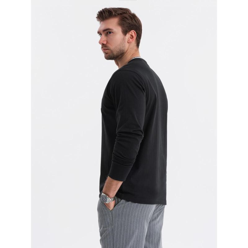 Pánske bavlnené tričko s dlhým rukávom, pruhovaným výstrihom do U a výšivkou – čierne V4 OM-LSCL-0128