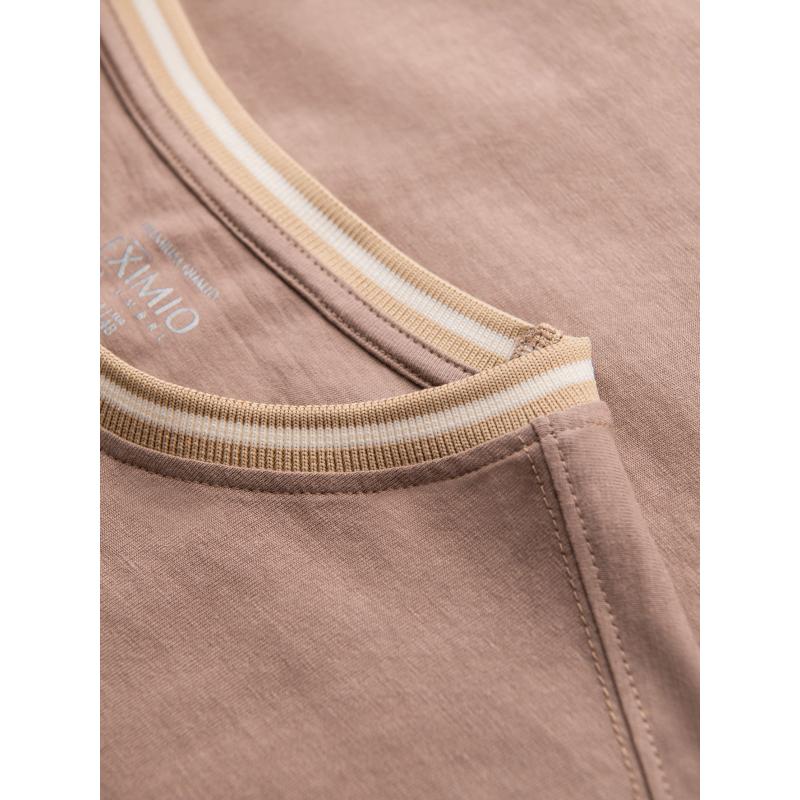 Pánské bavlněné tričko s dlouhým rukávem, pruhovaným výstřihem do U a výšivkou – hnědé V6 OM-LSCL-0128