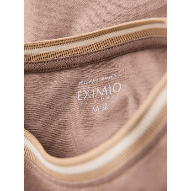 Pánské bavlněné tričko s dlouhým rukávem, pruhovaným výstřihem do U a výšivkou – hnědé V6 OM-LSCL-0128