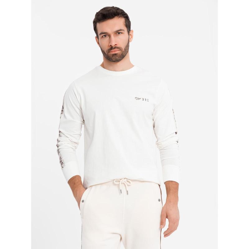 Pánske bavlnené tričko s dlhým rukávom, výstrihom do U, lemovaním a potlačou na hrudi – biela V3 OM-LSCL-0127