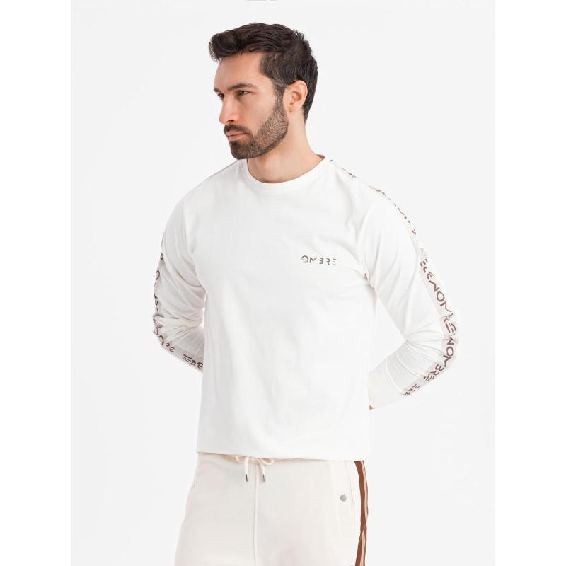 Pánske bavlnené tričko s dlhým rukávom, výstrihom do U, lemovaním a potlačou na hrudi – biela V3 OM-LSCL-0127